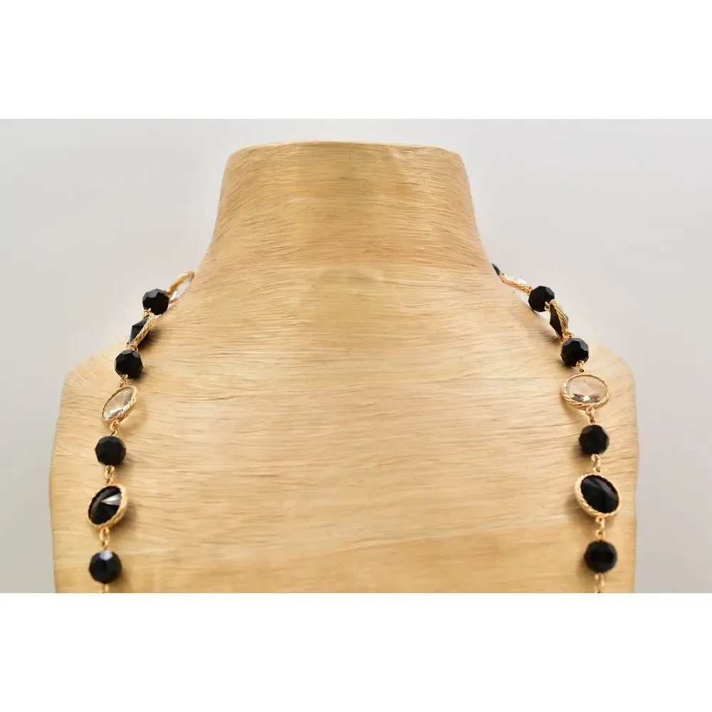 Vintage Open Bezel Crystal Necklace Beaded Black Clear Glass Heavy Chunky BinBJ